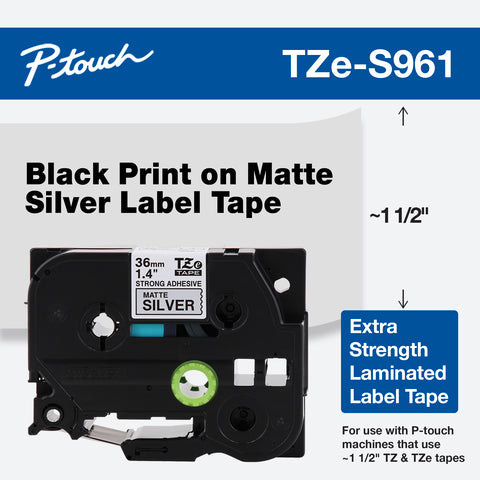 BROTHER - Cinta Brother TZES961 Laminada Extra Resistente Texto Negro Sobre Fondo Plateado Mate 36mmx8m