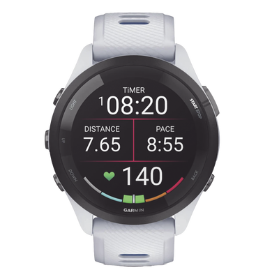 GARMIN - Forerunner® 265, Bisel negro con carcasa en blanco y correa de silicona en blanco/azul