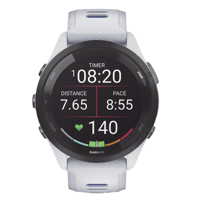 GARMIN - Forerunner® 265, Bisel negro con carcasa en blanco y correa de silicona en blanco/azul