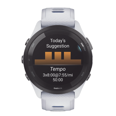 GARMIN - Forerunner® 265, Bisel negro con carcasa en blanco y correa de silicona en blanco/azul