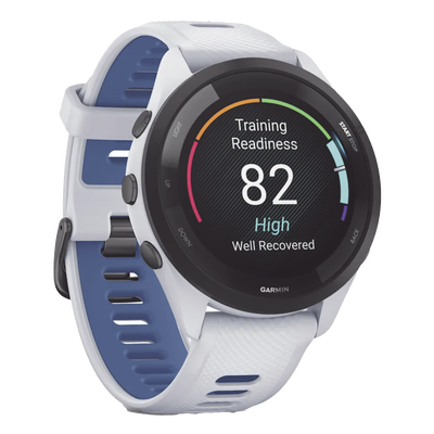 GARMIN - Forerunner® 265, Bisel negro con carcasa en blanco y correa de silicona en blanco/azul