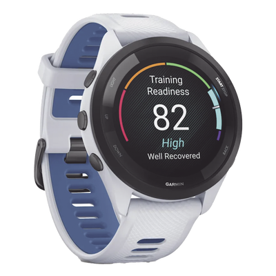 GARMIN - Forerunner® 265, Bisel negro con carcasa en blanco y correa de silicona en blanco/azul