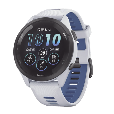 GARMIN - Forerunner® 265, Bisel negro con carcasa en blanco y correa de silicona en blanco/azul