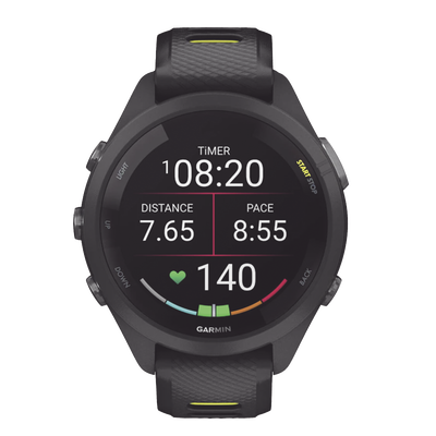 GARMIN - Forerunner® 265S, Bisel y carcasa en negro con correa de silicona en negro/amarillo
