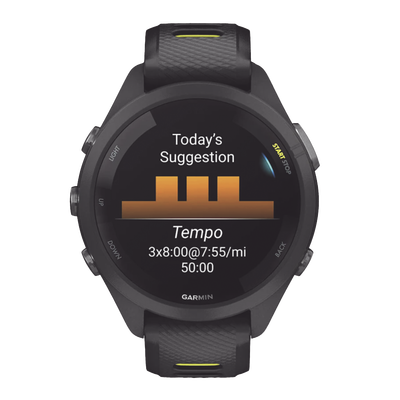 GARMIN - Forerunner® 265S, Bisel y carcasa en negro con correa de silicona en negro/amarillo