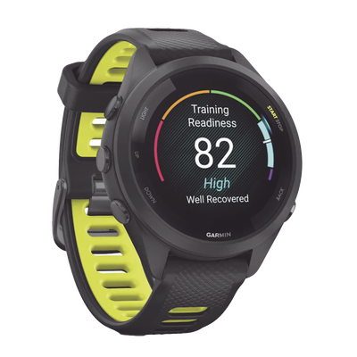 GARMIN - Forerunner® 265S, Bisel y carcasa en negro con correa de silicona en negro/amarillo