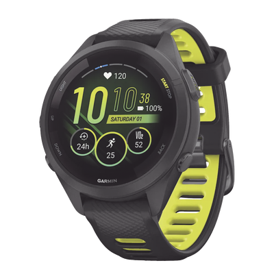 GARMIN - Forerunner® 265S, Bisel y carcasa en negro con correa de silicona en negro/amarillo