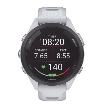 GARMIN - Forerunner® 265S, Bisel negro con carcasa en blanco y correa de silicona en blanco/verde