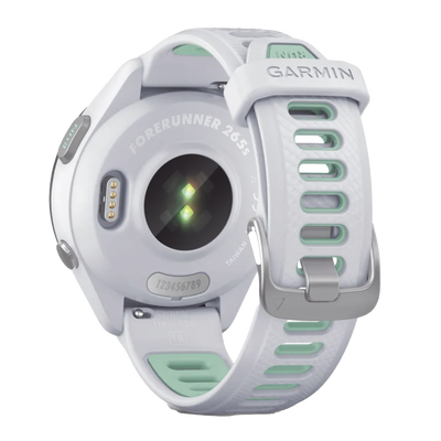 GARMIN - Forerunner® 265S, Bisel negro con carcasa en blanco y correa de silicona en blanco/verde