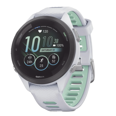 GARMIN - Forerunner® 265S, Bisel negro con carcasa en blanco y correa de silicona en blanco/verde