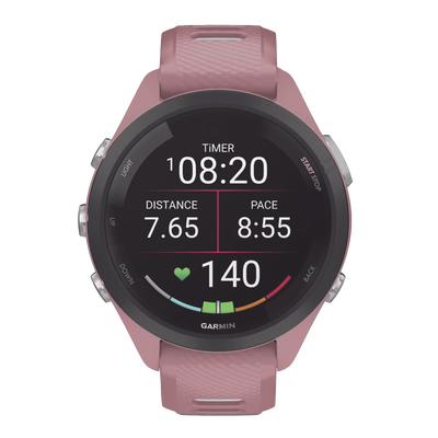 GARMIN - Forerunner® 265S, Bisel negro con carcasa en rosa y correa de silicona en rosa/gris