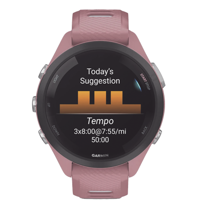 GARMIN - Forerunner® 265S, Bisel negro con carcasa en rosa y correa de silicona en rosa/gris