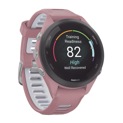 GARMIN - Forerunner® 265S, Bisel negro con carcasa en rosa y correa de silicona en rosa/gris