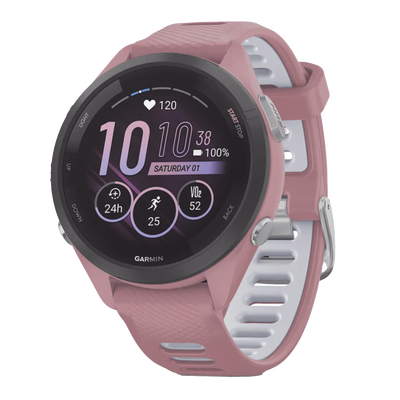 GARMIN - Forerunner® 265S, Bisel negro con carcasa en rosa y correa de silicona en rosa/gris