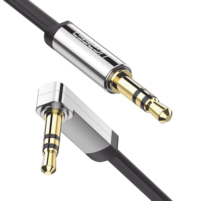 UGREEN - Cable Auxiliar Plano 2 Metros / Conector 3.5mm a 3.5mm / Macho-Macho / Recto a Angulo / Ángulo de 90° en una de sus Puntas / Color Negro