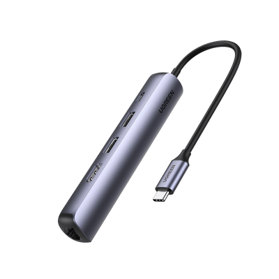 UGREEN - HUB USB-C (Docking Station) 5 en 1 | Ultra Delgado | 2 USB-A 3.1 a (5 Gbps) | HDMI 4K@60Hz | RJ45 (Gigabit Ethernet) | USB-C PD Carga Rápida 100W | Soporta OTG | Chips Inteligentes | Pequeño y Ligero | Caja de Aluminio.
