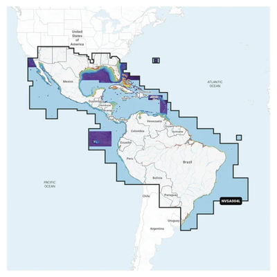GARMIN - Cobertura Marítima / Costa de México, Centroamérica y Brasil / Incluye Golfo de EE. UU. y Costa Oriental / Bermudas, Bahamas, Cuba, Puerto Rico / Islas Vírgenes, Jamaica, Canal de Panamá / Costa Occidental de Sudam&e