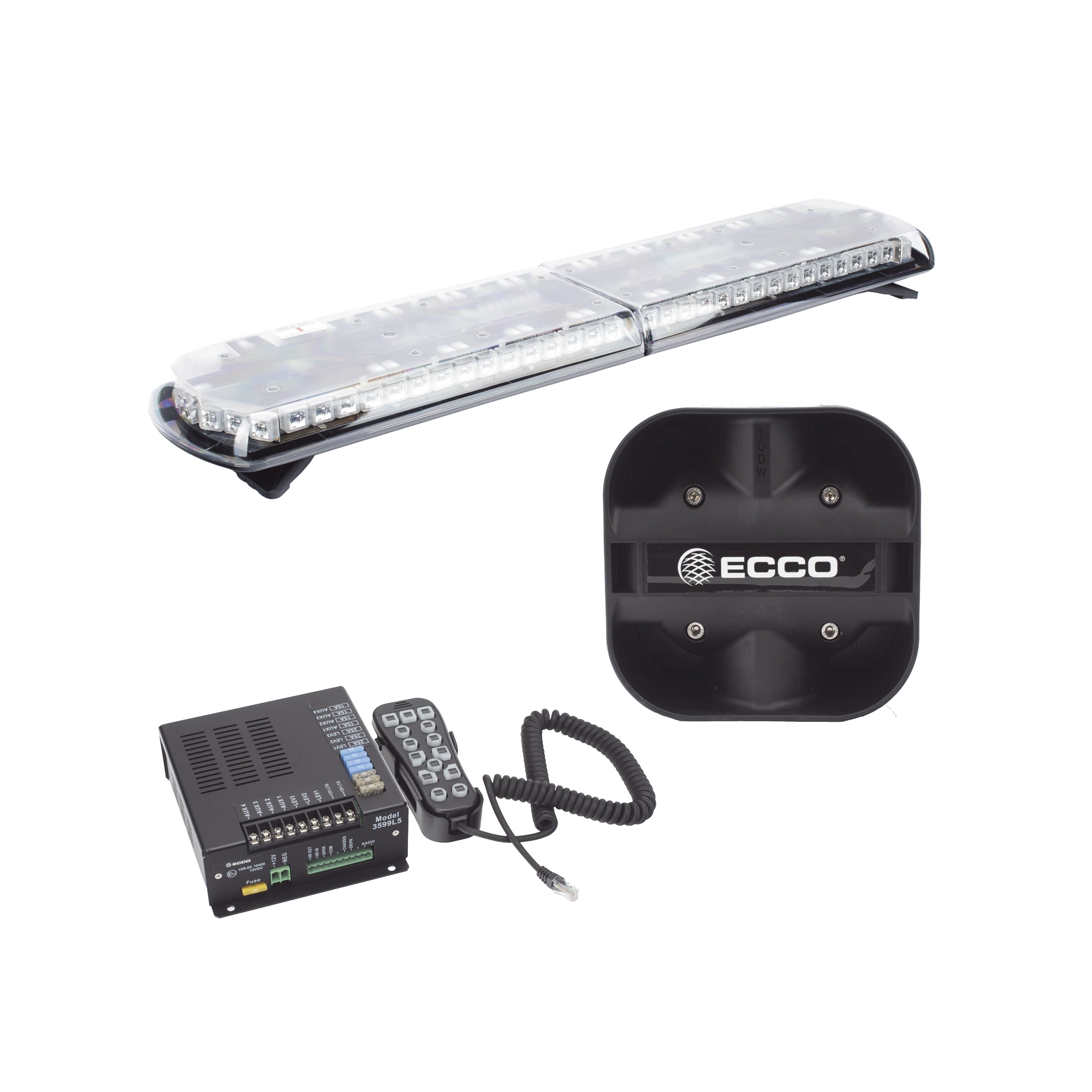 ECCO - Kit de Sirena Vehicular H2 Covert, Bocina de uso rudo y Torreta 48" Serie 12 con 130 LED, dual color rojo/azul/claro/ambar, ideal para equipar unidades de policia