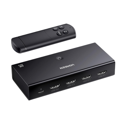UGREEN - Conmutador HDMI Switch 4@60Hz | 3 Entradas a 1 Salida | 3D | HDR | Dolby Atmos | DTS5.1/7.1 | HDCP2.2 | PCM2.0 | HDMI2.0 | Reduce el Retraso y la perdida de fotogramas | Incluye Control Remoto.