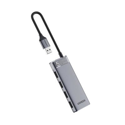 UGREEN - HUB USB-A 3.2 Gen1 4 EN 1 | 4 Puertos USB-A (5Gbps) | Carcasa ABS + PC | Soporta OTG | Luz Indicadora LED | Cable de Nylon Trenzado de 20cm (Mas de 20000 flexiones) | Interfaz Niquelada | Color Gris Metalizado.