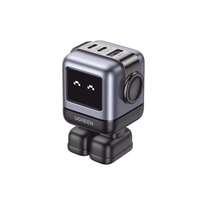 UGREEN - Cargador RobotGaN de 65W Serie UNO | 3 Puertos de Carga Rápida | 2 USB-C | 1 USB-A | PD 3.0 | QC 4.0 | Carga Inteligente | Tecnología GaN II | Zapato Magnético Extraíble | Carcasa Ignífuga | Pantalla LED