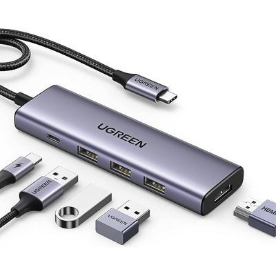 UGREEN - HUB USB-C (Docking Station) 5 en 1 | HDMI 2.0 4K@30Hz | 3 USB-A 3.0 (5Gbps) | USB-C PD Carga 100W | Potente Disipación de Calor | Chip de Ultima Generación | Cable de Nylon Trenzado de 25 cm | Carcasa de Aluminio.