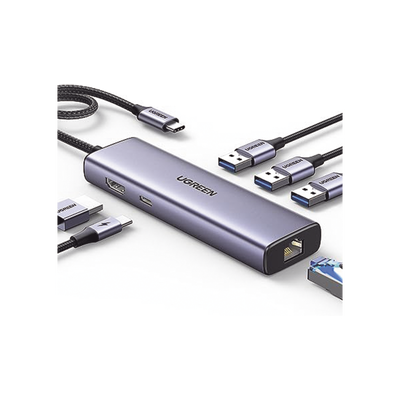 UGREEN - HUB USB-C (Docking Revodok) 6 en 1 | 3 Puertos USB-A 3.0 (5 Gbps) | USB-C PD 100W | HDMI 4K@30Hz | Entrada 1 RJ45 (Gigabit Ethernet) | Chip de Última Generación | Potente Disipación de Calor |  Caja de Aluminio.