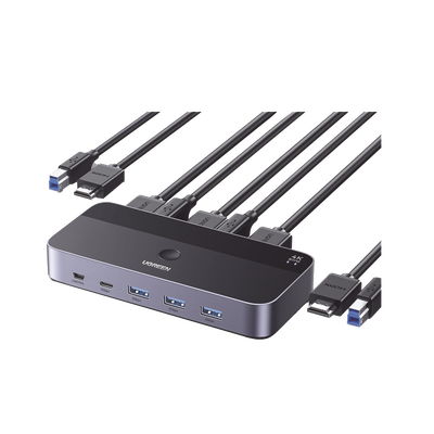 UGREEN - Conmutador KVM HDMI 4K | HDMI 2.0 | 2 Entradas 1 Salida | 4 Puertos USB 3.0 (3 USB-A *1 USB-C) | Soporta 4K@60Hz | HDR | Indicador Led | Compatible Win, MacOs y Linux | Carcasa de Aluminio.