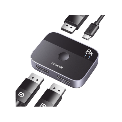 UGREEN - Conmutador DP 1.4 8K | Display Port Splitter 2 Entradas a 1 Salida | Bidireccional | 3D | HDR10+ | Dolby Atmos | 240Hz | 48Gbps | Compatible Free-Sync/G-Syng | Sincronización de Audio | Potentes Chips de Última Generación.