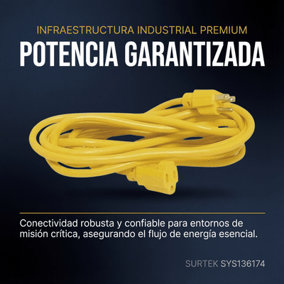 SURTEK - Extensión Eléctrica de Uso Rudo Aterrizada 15 metros / 127 V CA 10 A Máximo / Color Amarillo.