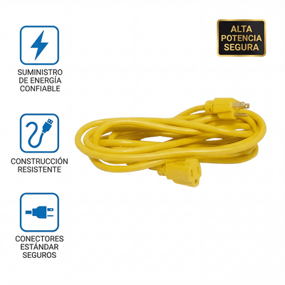 SURTEK - Extensión Eléctrica de Uso Rudo Aterrizada 15 metros / 127 V CA 10 A Máximo / Color Amarillo.