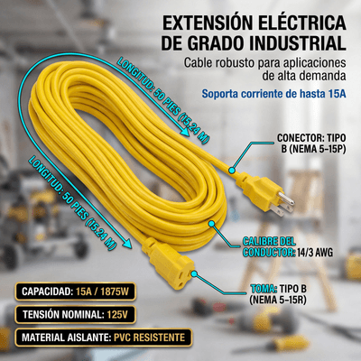 SURTEK - Extensión Eléctrica de Uso Rudo Aterrizada 15 metros / 127 V CA 10 A Máximo / Color Amarillo.