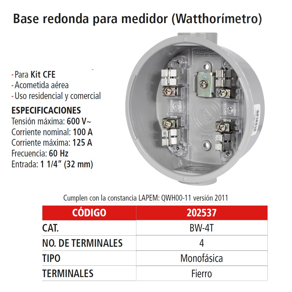 IUSA - Base para watthorímetro monofásica 4 terminales fierro 600 v