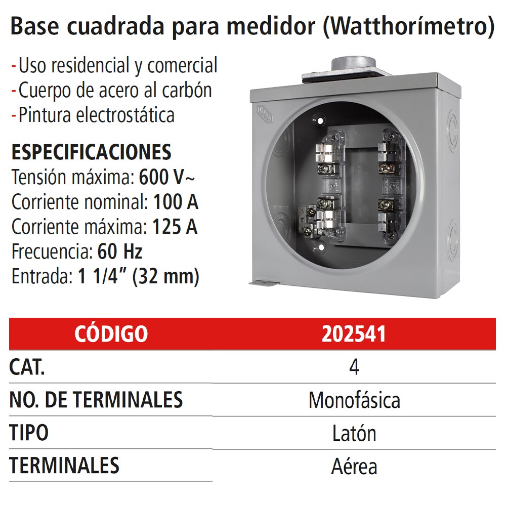 IUSA - Base cuadrada para watthorímetro monofásica 4 terminales acometida aérea