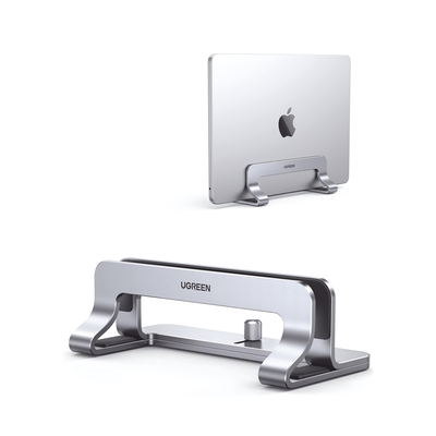 UGREEN - Soporte Vertical para Laptop / Adecuado para escritorio / Anchura Ajustable (12-26mm) / Amplia compatibilidad / Anti-Arañazos / Anti-Deslizante /Ajustable Mediante Tornillos / Color Plata / Aluminio + Silicona