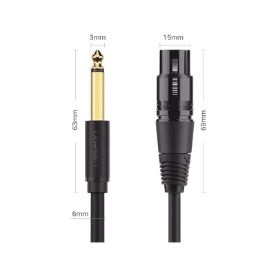 UGREEN - Cable para Micrófono Plug 6.35 mm (1/4 Inch) Macho a XLR Canon Hembra / Núcleo de Cobre / 5 Metros / Alta Calidad / Color Negro