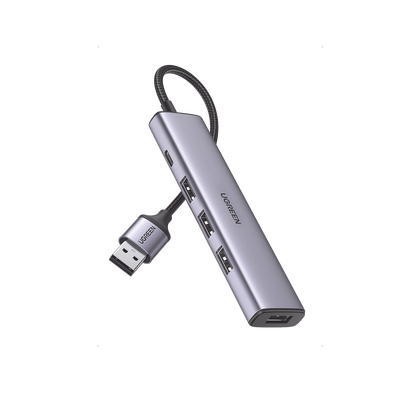 UGREEN - Convertidor USB-A 3.0 a 4 Puertos USB-A 3.0 / 5 Gbps Transferencia / Alimentación por USB-C / Compatibilidad Multiplataforma / Protección Cortocircuito y Sobrecorriente