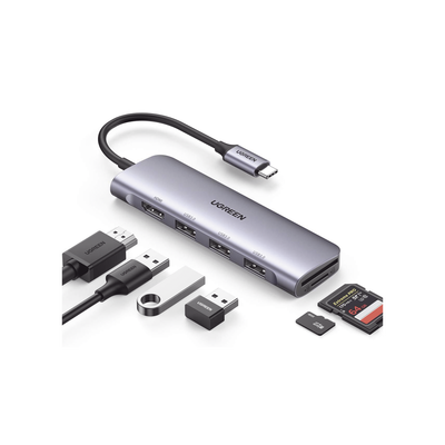 UGREEN - HUB USB-C (Docking Station) 6 en 1 | HDMI 4K@30Hz | 3 Puertos USB 3.0 | Lector Tarjeta SD + Micro SD (TF) Uso Simultáneo | Chip de Última Generación | Potente Disipación de Calor |  Caja de Aluminio.