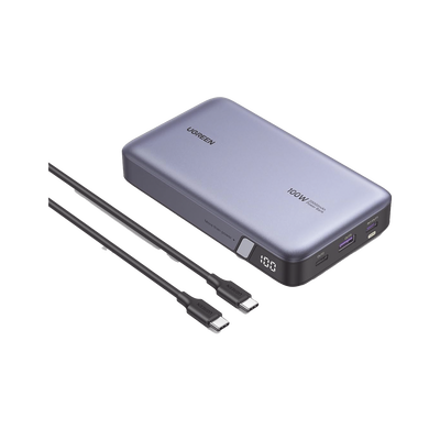 UGREEN - Power Bank de 20000mAh | 3 Salidas 100W Max. | USB-A + 2 USB-C | PD 3.0 | QC3.0 | FCP | SCP | Pantalla Inteligente | Carcasa Ignifuga | Color Gris | Incluye Cable USB de 50cm | Carga tu Laptop de Manera Segura.
