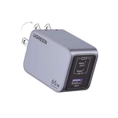 UGREEN - Cargador de 65W serie Nexode Pro | 3 Puertos de Carga Rápida | 2 USB-C | 1 USB-A | Tecnología GaNInfinity | PD3.1 de 65W / QC4.0 | Tecnología de Protección Térmica | Optimiza la Carga | Caja de Aluminio | Incluye Cable U