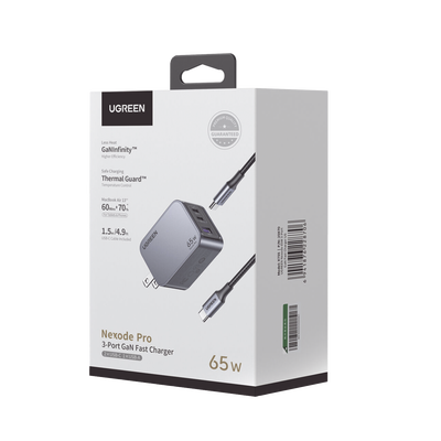 UGREEN - Cargador de 65W serie Nexode Pro | 3 Puertos de Carga Rápida | 2 USB-C | 1 USB-A | Tecnología GaNInfinity | PD3.1 de 65W / QC4.0 | Tecnología de Protección Térmica | Optimiza la Carga | Caja de Aluminio | Incluye Cable U