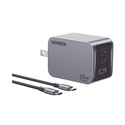 UGREEN - Cargador de 65W serie Nexode Pro | 3 Puertos de Carga Rápida | 2 USB-C | 1 USB-A | Tecnología GaNInfinity | PD3.1 de 65W / QC4.0 | Tecnología de Protección Térmica | Optimiza la Carga | Caja de Aluminio | Incluye Cable U