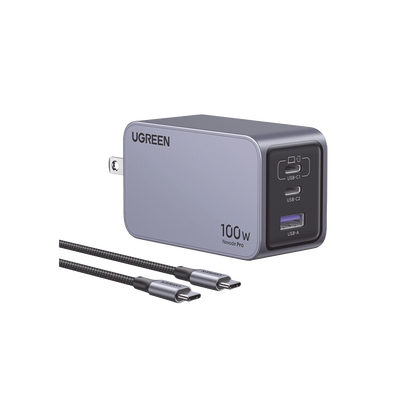 UGREEN - Cargador de 100W serie Nexode Pro | 3 Puertos de Carga Rápida | 2 USB-C | 1 USB-A | Tecnología GaNInfinity | PD3.1 de 100W / QC4.0 | Tecnología de Protección Térmica | Optimiza la Carga | Caja de Aluminio | Incluye Cable