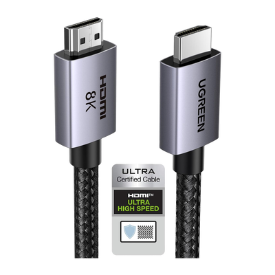 UGREEN - Cable HDMI 2.1 de 8K@60Hz | 2 Metros (6.56 Pies) | 48Gbps | HDR10+ | 3D Inversivo | eARC | Dolby ATMOS | VVR | QMS | QFT | ALLM | 3 Modos de Visualización | Certificado HDMI 8K | Niquelado | Nylon Trenzado | Carcasa de Aluminio