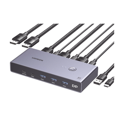 UGREEN - Conmutador KVM DisplayPort 8K | DP 1.4 | 2 Entradas 1 Salida | 4 Puertos USB 3.0 (3 USBA *1 USBC) | Soporta 8K@60Hz | HDR | Control de Escritorio | Carcasa de Aluminio | Indicador Led | Compatible Win, MacOs y Linux.