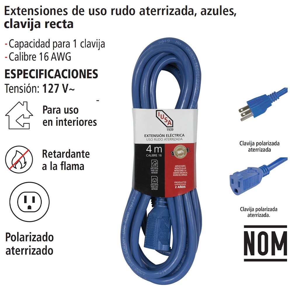 IUSA - Extensión de uso rudo aterrizada azul clavija recta 4m