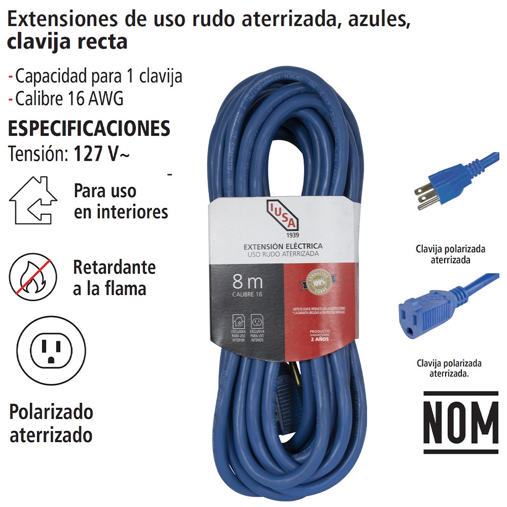 IUSA - Extensión de uso rudo aterrizada, azul, clavija recta, 8m, IUSA