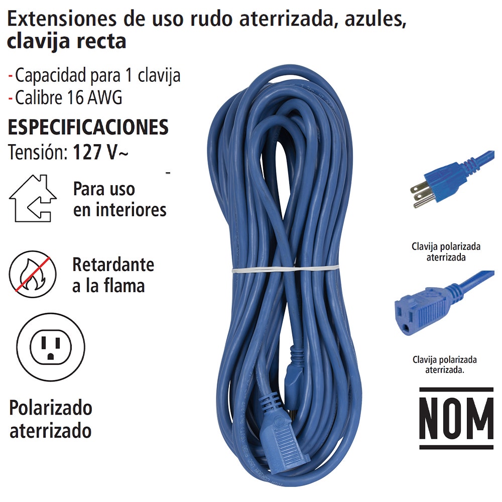 IUSA - Extensión de uso rudo aterrizada azul 15m clavija recta