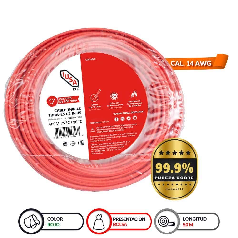 IUSA - Cable THHW-LS ROHS IUSA Calibre 14 AWG rojo 50M