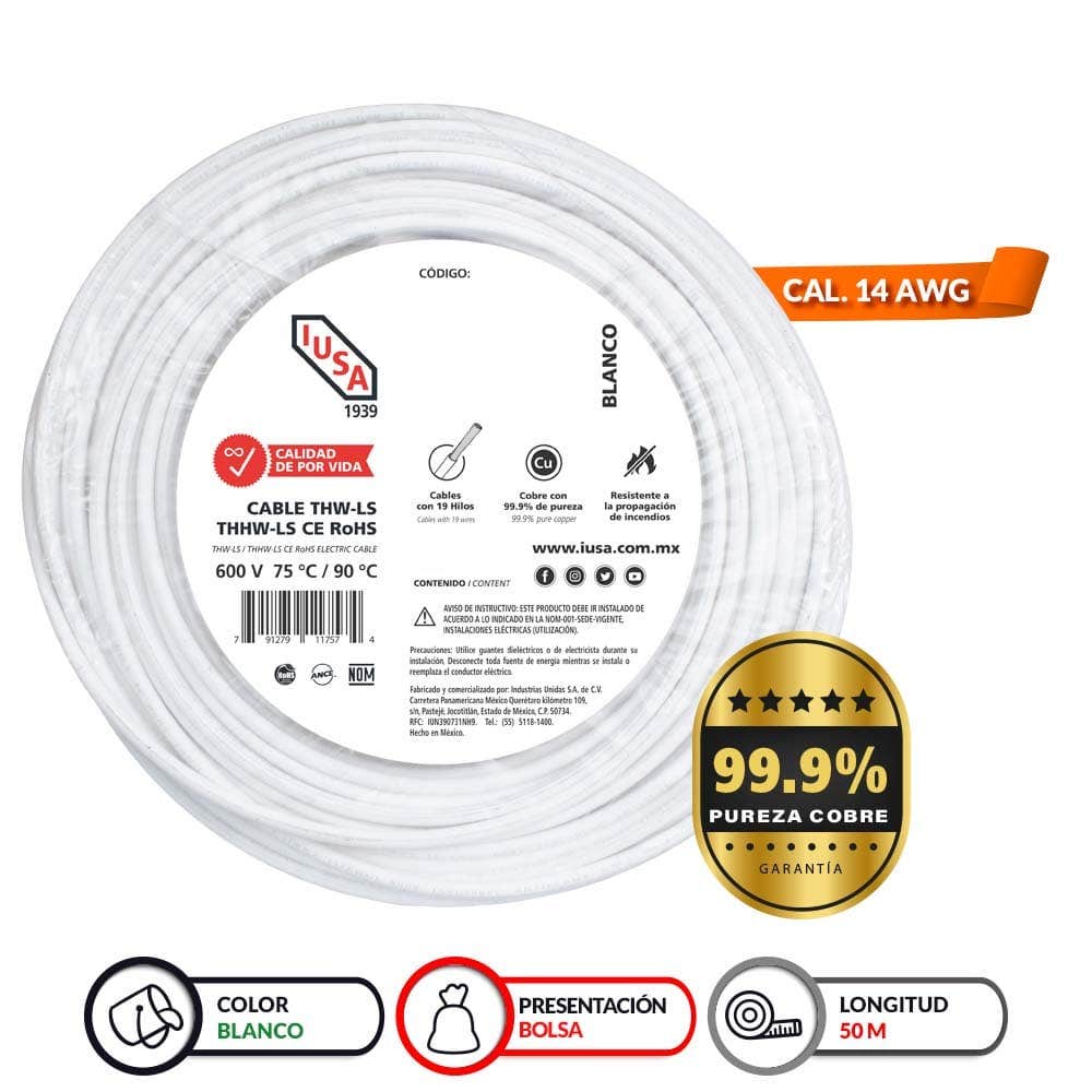 IUSA - Cable THHW-LS ROHS IUSA Calibre 14 AWG blanco 50M